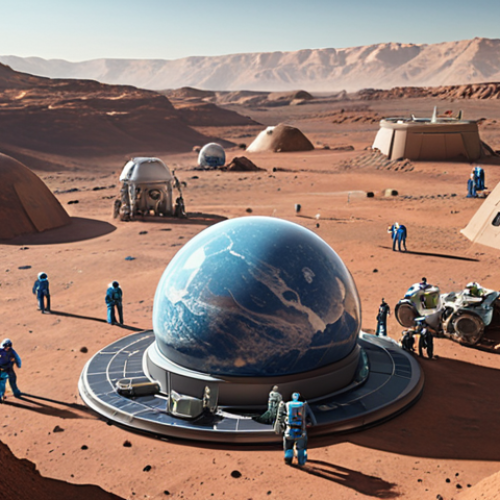 Home 15 **A diverse group of people constructing a habitat on Mars, utilizing 3D printing technology. In the background, Earth is visible as a small blue marble. The scene emphasizes collaboration and innovation, reflecting the merging of human values and technological advancement in space colonization. Style: hopeful, futuristic, and inclusive.**