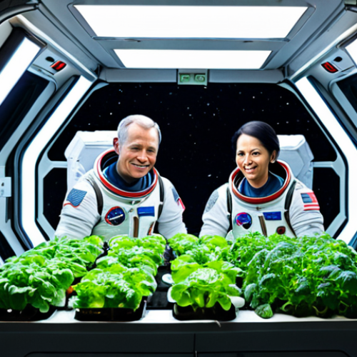Home 14 A diverse group of astronauts inside a space station, tending to a vibrant hydroponic garden filled with various vegetables growing under LED lights, with a backdrop showing Earth through a window.