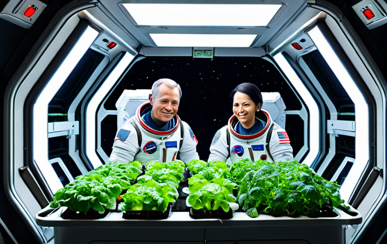 A diverse group of astronauts inside a space station, tending to a vibrant hydroponic garden filled with various vegetables growing under LED lights, with a backdrop showing Earth through a window.