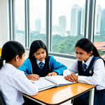 A diverse group of youthful Malaysian students, fully clothed in modest, contemporary school uniforms, are attentively engaged in a lesson inside a brightly lit, modern classroom in Kuala Lumpur. Textbooks are on their desks, and a clean whiteboard is visible. A subtle view of a city skyline can be seen through a window. The students maintain natural, focused expressions and attentive postures. Professional photography, high resolution, realistic, perfect anatomy, correct proportions, well-formed hands, natural body proportions, safe for work, appropriate content, fully clothed, family-friendly.